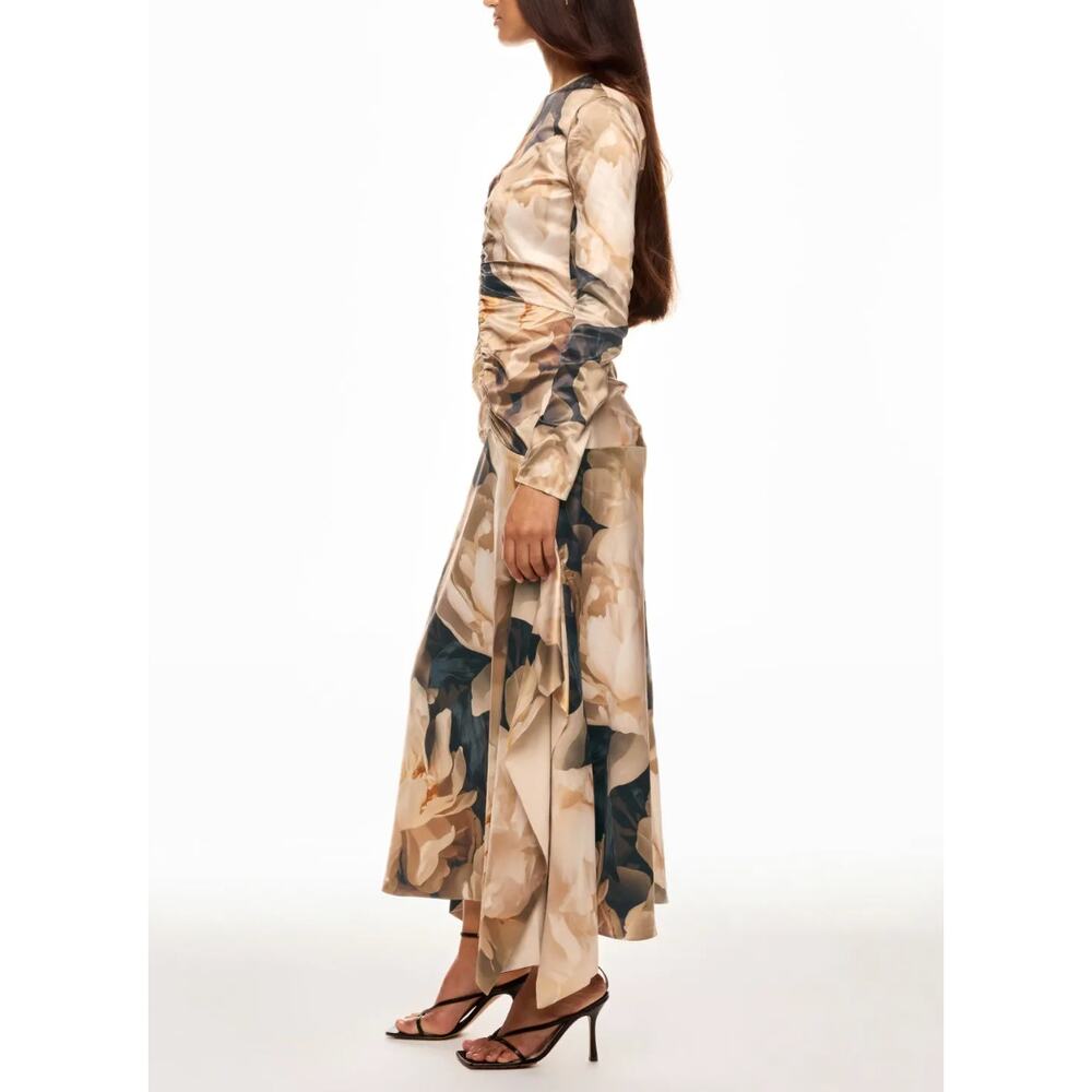 AKNVAS Beige Bold Floral Mesh Gown SIZE 4 Ruched Maxi Dress Party Designer $900 - Picture 2 of 13